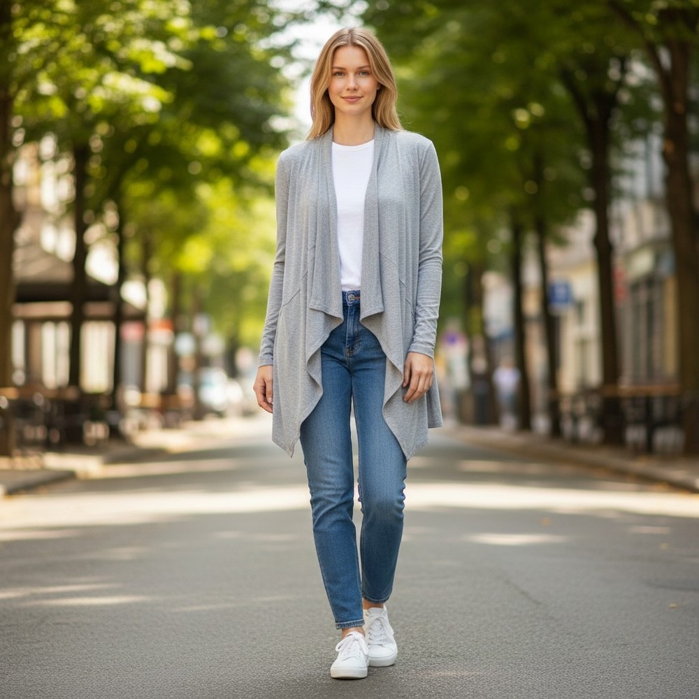 AB Studio Cardigan M Heather Grey NEW lightweight open front career minimalist